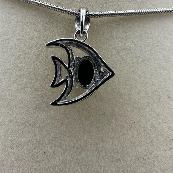 Silver Fish Pendant Necklace with Opal on Chain - Picture 6 of 9